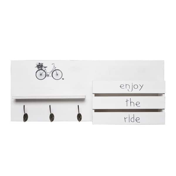 30 in. W x 5 in. D White Addie Joy Bike Rectangle Wood Distressed Farmhouse Style Decorative Wall Shelf