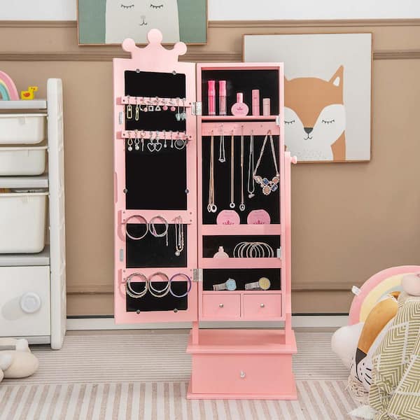 Kid Freestanding Pink Wood 13.5 in. Jewelry Armoire 2 in. 1-Full Length Mirror Storage Drawer