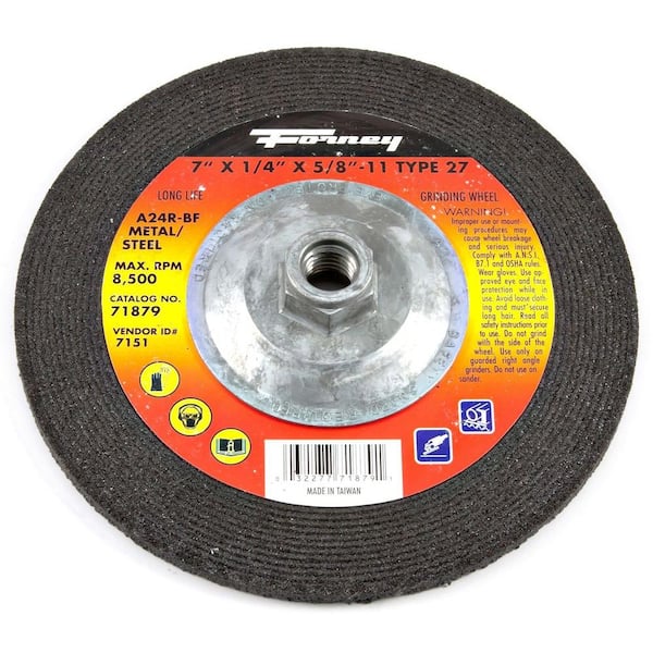Forney 7 in. x 1/4 in. x 5/8 in.-11 Threaded Metal Type 27 A24R Grinding Wheel