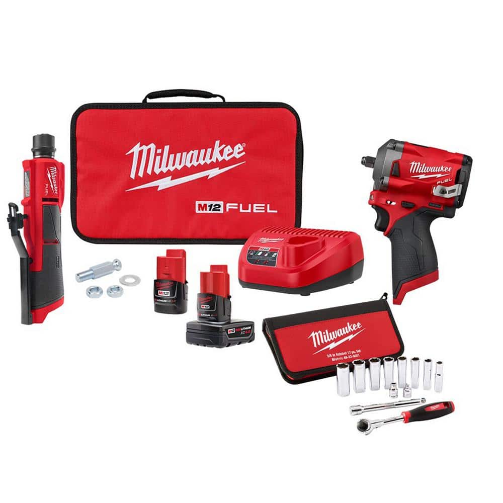 Milwaukee M12 Fuel 12V Li-ion Low Speed Tire Buffer Kit with 3/8 in. Impact Wrench and 3/8 in. Drive Metric Socket Set (12-pc)
