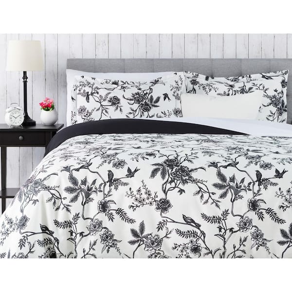 Chanasya Charcoal French Toile Microfiber Reversible Duvet Cover Set, Queen Size