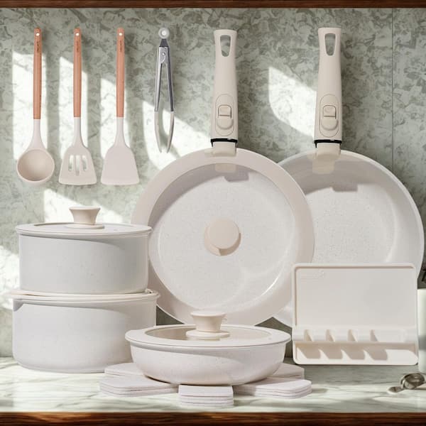 4 qt. Healthy Non-Toxic Non-Stick Ceramic Cookware Set 21-Piece w/ Detachable Handles, Stackable Frying Pan, Cream White