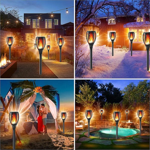 Misopily 8-Pack Black ABS Solar Flickering Flame Tiki Torch Lights