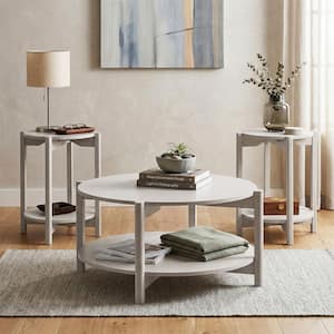 Elix 3-Piece 34.4 in. White Round Wood Coffee Table Set with 2 End Tables and Open Bottom Shelves
