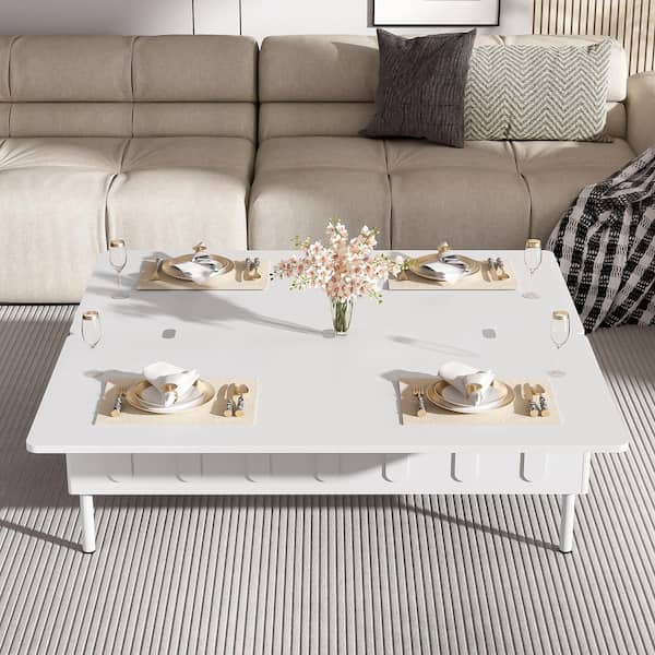 43.3 in. White Rectangle MDF Wood Coffee Table with Hidden Storage Compartment, Drawers and Foldable Top
