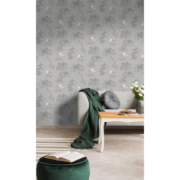 Walls Republic Grey Tropical Leaves and Pink Flamingo Shelf Liner Non- Woven Non-Pasted Wallpaper (57Sq.ft) Double Roll