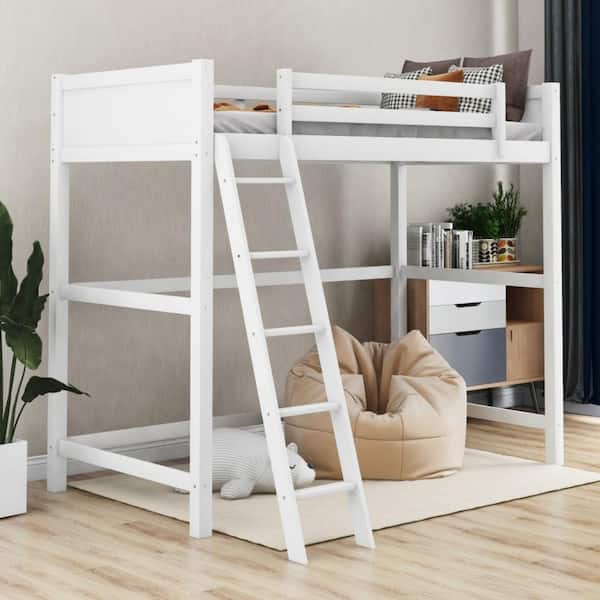 HomeRoots Charlie White Twin Loft Bed with Guard Rail 72 in. H x 80 in. W x 42 in. D