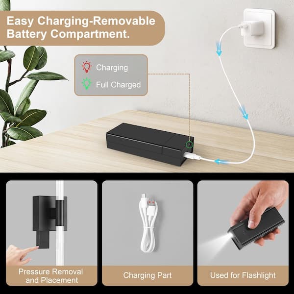 24 in. Modern Black Battery Operated Wall Sconce (Set of 2) 360° Rotatable Dimmable Rechargeable Wall Light with Remote