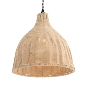 40-Watt 1 Light Yellow Creative Hand-Woven Pendant Light with Rattan Shade and Adjustable Height, No Bulbs Included