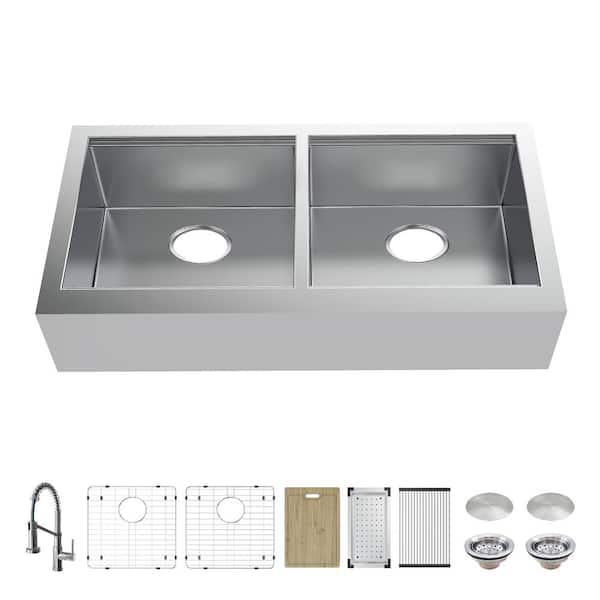 Glacier Bay Professional 36 in. Apron-Front Double Bowl 16 Gauge Stainless Steel Workstation Kitchen Sink with Spring Neck Faucet