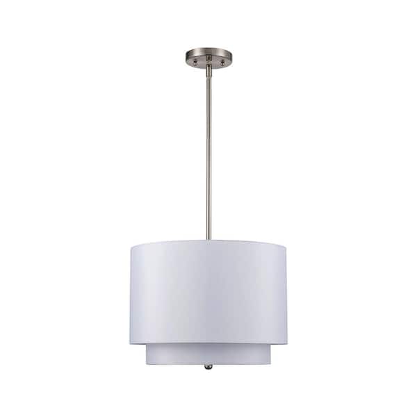 Bel Air Lighting Schiffer 15 in. 3-Light Brushed Nickel Pendant Light Fixture with Ivory Drum Shade