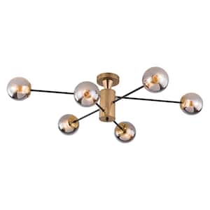 38.1 in. 6-Light Gold Modern Sputnik Semi-Flush Mount Ceiling Light with Smoky Grey Glass Shade, No Bulbs Included
