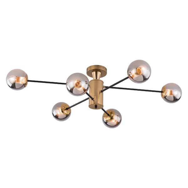 OUKANING 38.1 in. 6-Light Gold Modern Sputnik Semi-Flush Mount Ceiling Light with Smoky Grey Glass Shade, No Bulbs Included