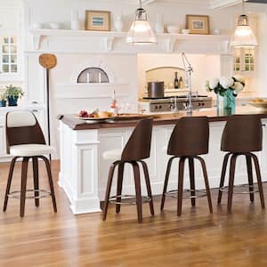 Edward 26 in. Antique white Faux Leather Swivel Bar Stool Solid Wood Walnut Frame Counter Height Bar Stool (Set of 4)