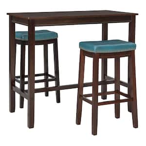 Concord Brown Wood Frame with Padded Blue Faux Leather Seat 3 Piece Bar Set