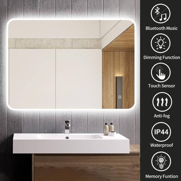 KINWELL Bathroom Mirror 31.5-in W x 23.6-in H LED Lighted White Rectangular Fog Free Frameless Bluetooth Bathroom Vanity Mirror