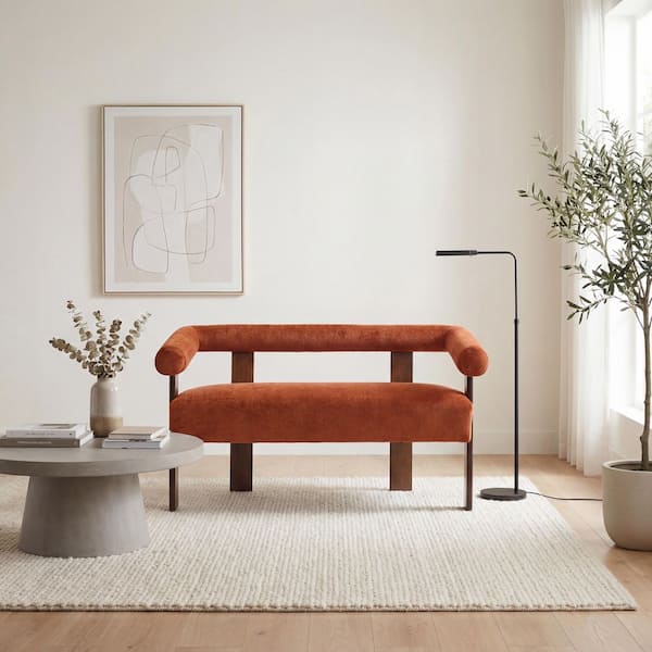 Modern Curved 53.25 in. Boucle Fabric Upholstery 2-Seater Rubberwood Legs Loveseat in Dark Orange and Brown