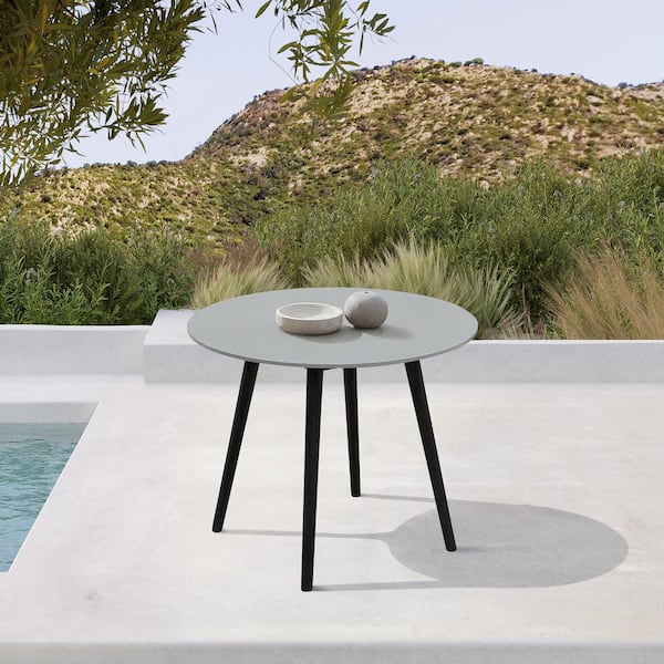 Armen Living Sydney Black Eucalyptus Round Wood and Stone Outdoor Dining Table