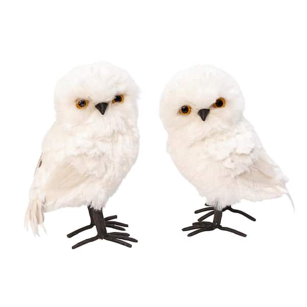 GERSON INTERNATIONAL 9 in. Realistic Faux Fur and Feather White Owls (Set of 2)