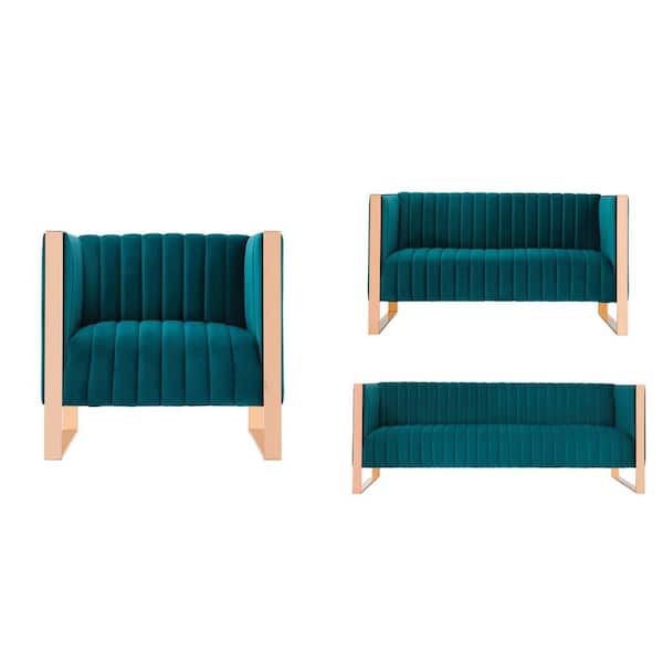 Manhattan Comfort Trillium 3-Piece Teal and Gold Sofa, Loveseat and Armchair