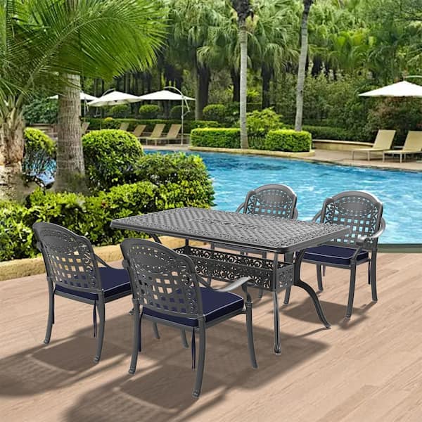 Isabella Black 5-Piece Cast Aluminum Outdoor Dining Set with Rectangle Table and Dining Chairs with Random Color Cushion