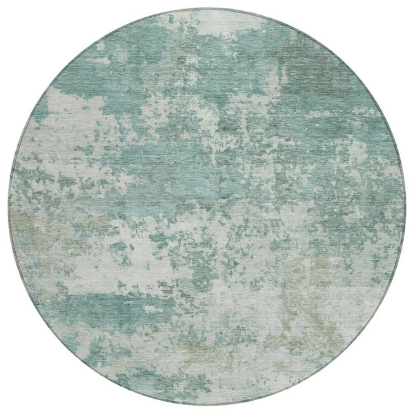 Chantille Machine Washable Indoor/Outdoor Abstract ACN2366 Aqua 8 ft. x 8 ft. Round Rug