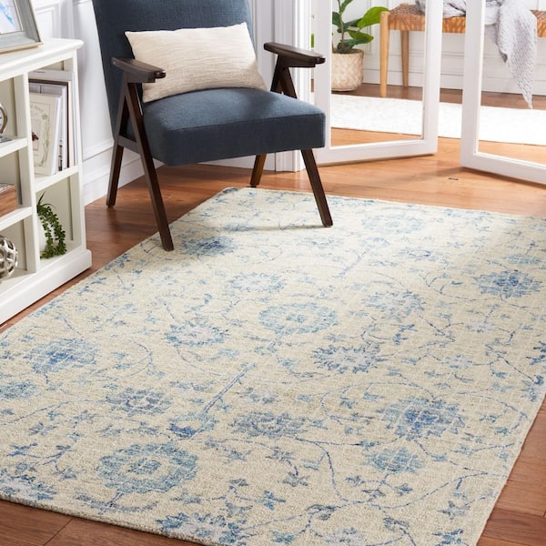 Blossom 6 ft. x 6 ft. Silver/Blue Ornate Floral Square Area Rug