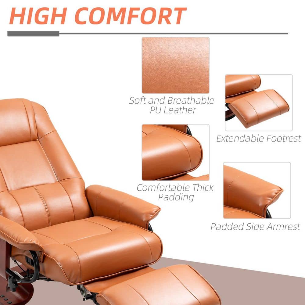 Light Brown Faux Leather Swivel Recliner with Wood Base