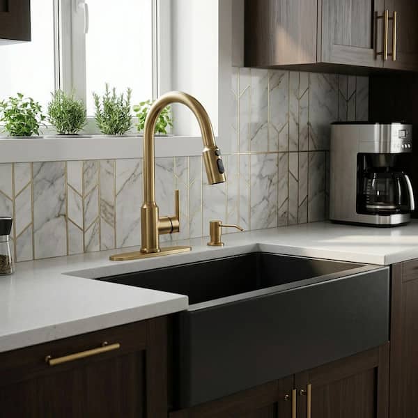 Single Handle Pull Down Sprayer Kitchen Faucet with Soap Dispenser and Deck Plate in Brushed Gold