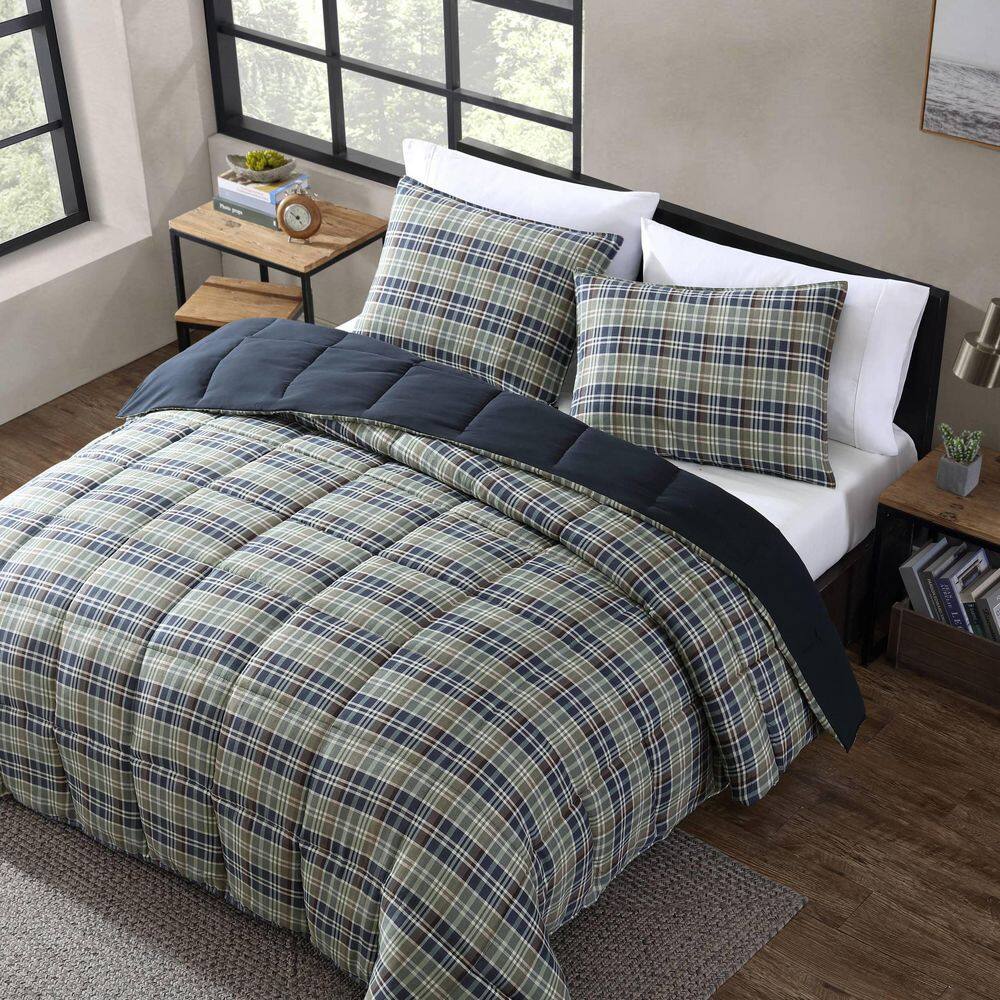 Full Navy Plaid Reversible Microfiber Comforter Set