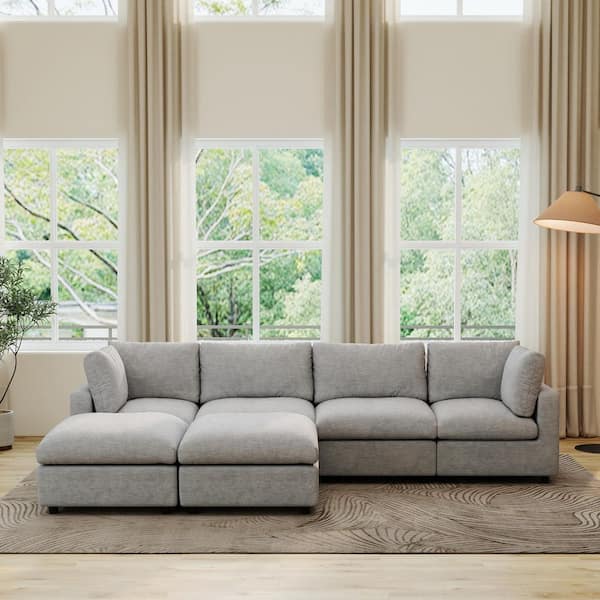 Convertible Cloud Couch, 134 in. Square Arm Chenille U-Shaped Sofa with Ottoman, Washable Cover for Living Room in. Gray