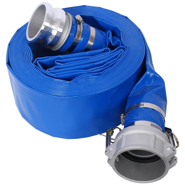 Blue 3 in. x 50 ft. Pool Backwash Hose, PVC Lay Flat Water Discharge Pump Hoses with Aluminum Camlock C and E Fittings