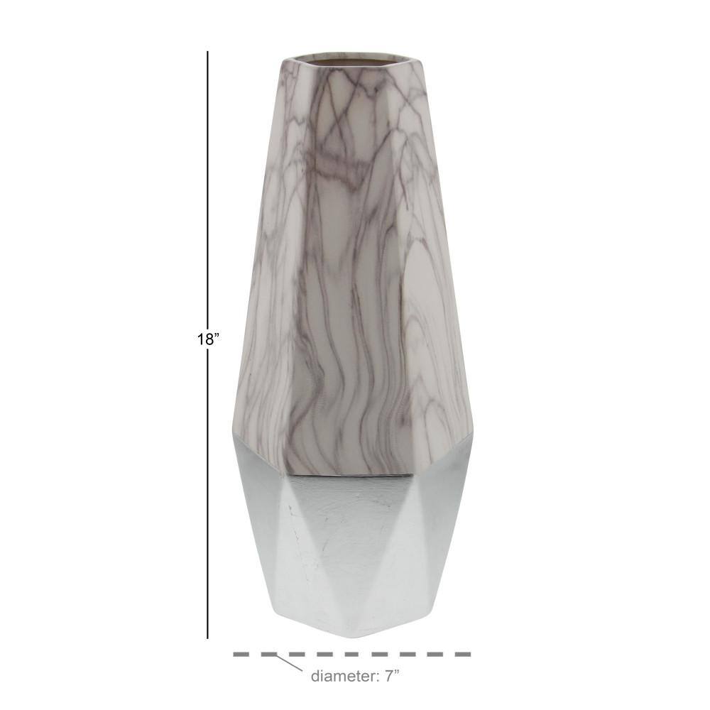 18" Gray and White Faux Marble Ceramic Decorative Vase with Silver Base