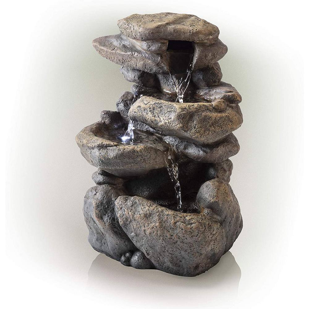 11" Gray Fiberglass 3-Tier Rock Tabletop Fountain with LED Light