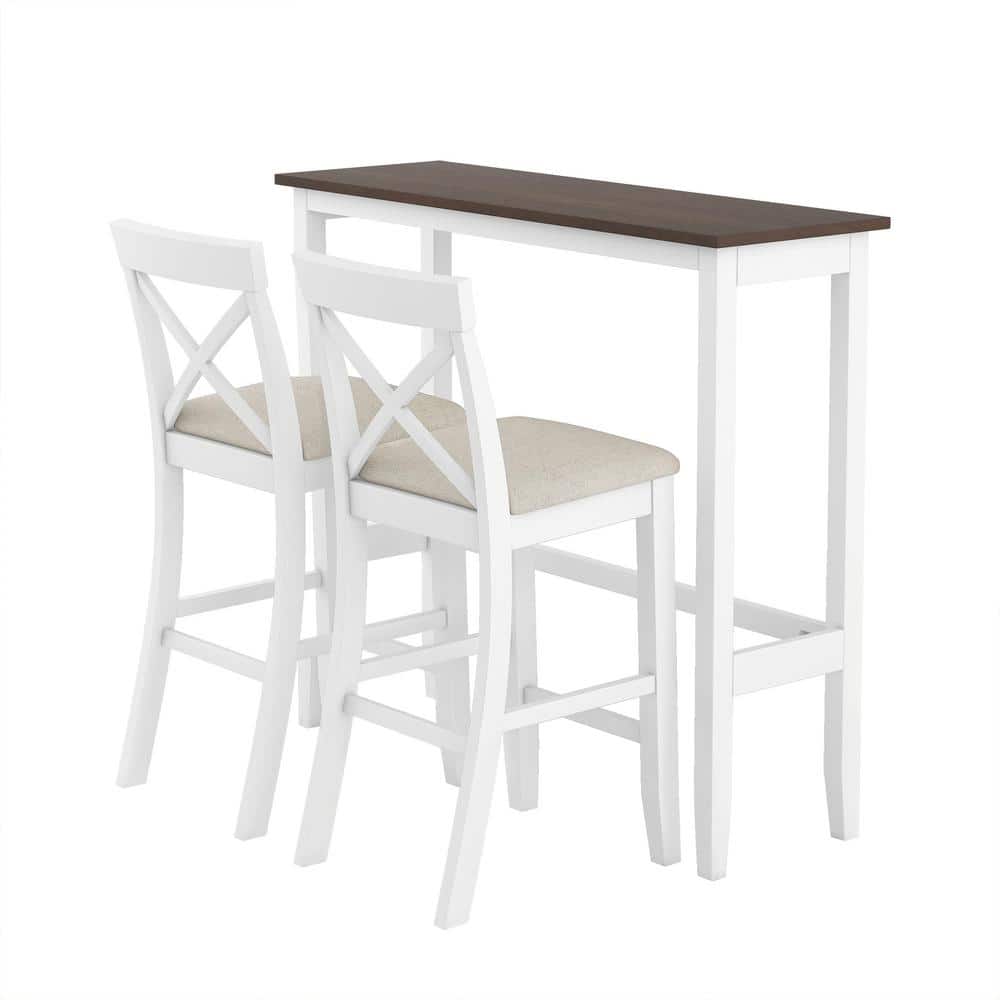 White 3-Piece Wood 48 in. Rectangular Bar Height Outdoor Dining Set with 2 