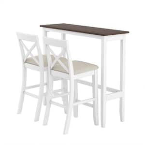 White 3-Piece Wood 48 in. Rectangular Bar Height Outdoor Dining Set with 2 Chairs for Small Places and Beige Cushions