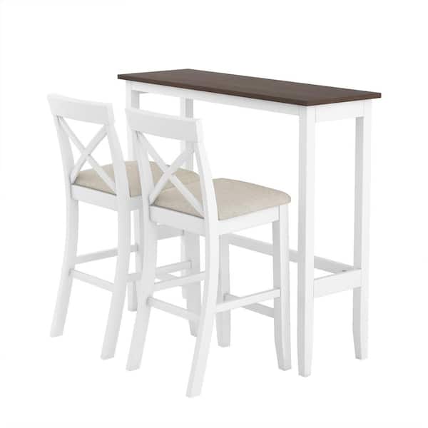 Unbranded White 3-Piece Wood 48 in. Rectangular Bar Height Outdoor Dining Set with 2 Chairs for Small Places and Beige Cushions