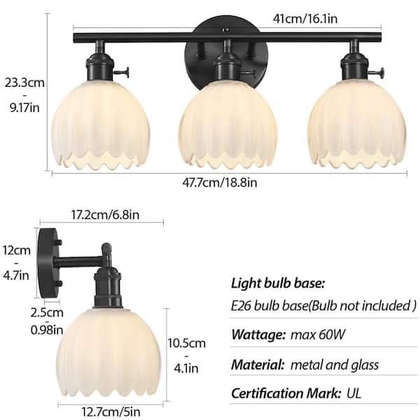 18.8 in. 3-Light Black Dimmable Bathroom Vanity Light, with Milk White Glass Shades, for Living Room, Bedroom, Mirror