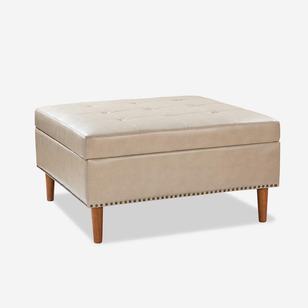 Burkhard Beige Modern Storage Faux Leather Tufted Cocktail Ottoman with Solid Wood Legs