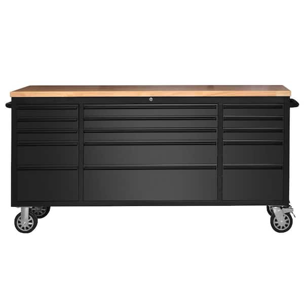 72 in. Stainless Steel Mobile Workbench Cabinet with Lockable Wheels, 15-Drawer, Rubber Wood Top, Lock Key for Workshop