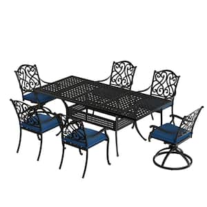 7-Piece Cast Aluminum Outdoor Dining Set with Rectangle Expandable Table 4 Dining Chair 2 Swivel Rocker Blue Cushion