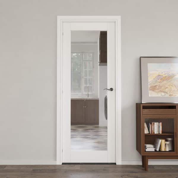 30 in. x 80 in. 1-Lite Clear Glass Left-Handed White Solid Core MDF Prehung Door with Quick Assemble Jamb Kit