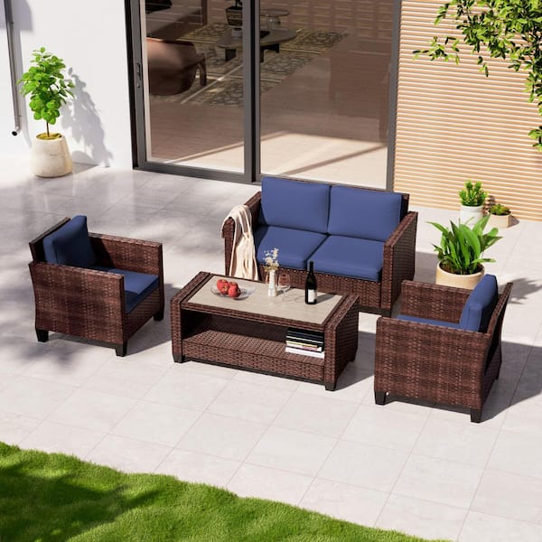 4-Pieces Patio Conversation Set Loveseat Sofa with Coffee Table All-Weather Brown Wicker with Navy Blue Cushions