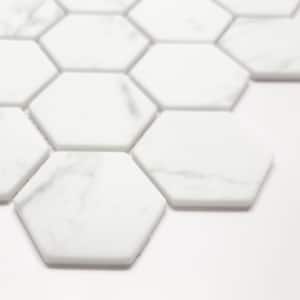 Hexagon white calacatta 11.7" x 10.2" mosaic tile. Recycled glass marble looks floor and wall tile, (8.33 sq. ft./Case)