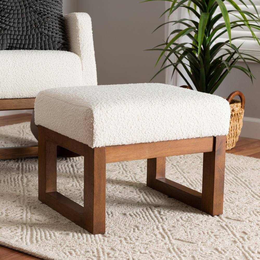 Off-White Boucle Upholstered Walnut Wood Ottoman Footstool