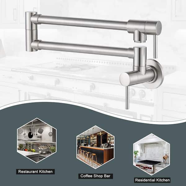 Brass Wall Mount Pot Filler with Double Handle, 2-aerators and Swing Arms Folding Kitchen Faucet in Brushed Nickel
