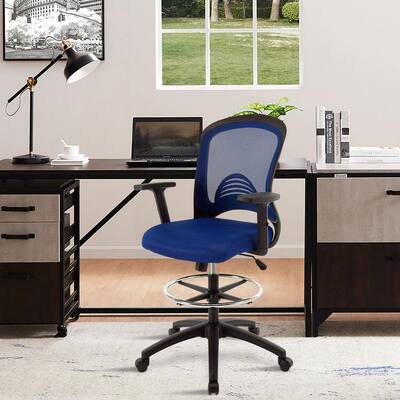 Blue Fabric Seat Drafting Chair with Non-Adjustable Arms