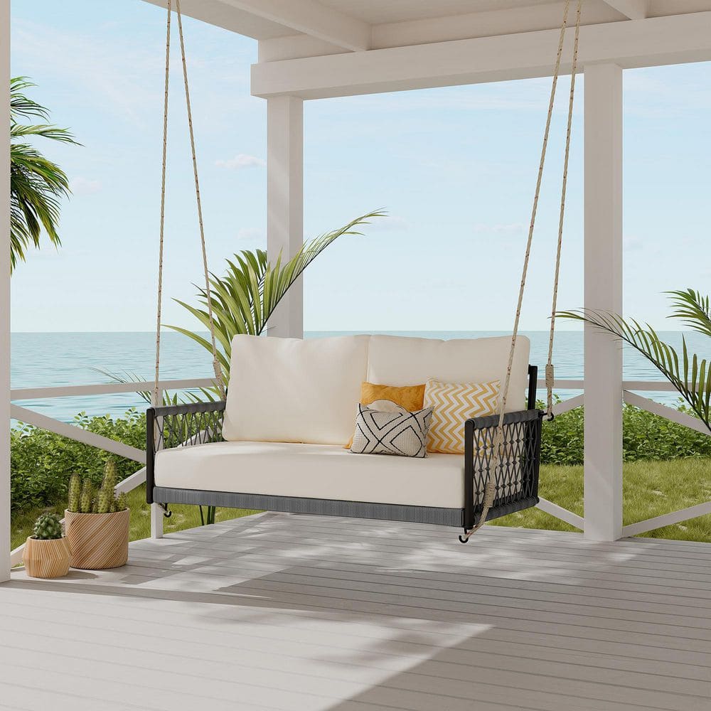 2-Person Black Metal Porch Swing with Beige Soft Cushions for Patio
