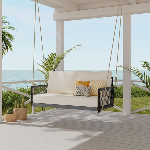 Unbranded 2-Person Black Metal Porch Swing with Beige Soft Cushions for Patio