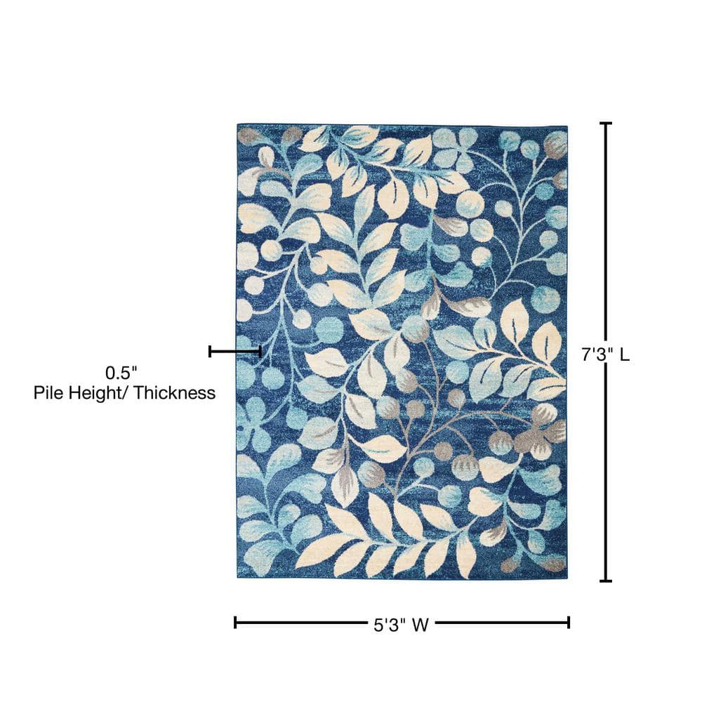 Elegant Navy Floral 5'3" x 7'3" Synthetic Easy-Care Area Rug